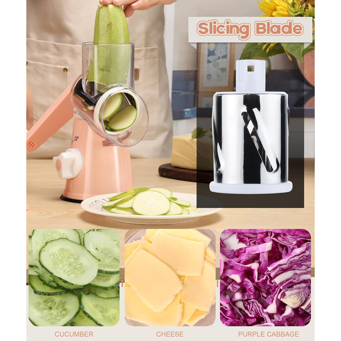 Ручна тертка Ourokhome Rotary: тертка для овочів, сиру, горіхів, картоплі, моркви, кабачків (рожева) з 3 лезами