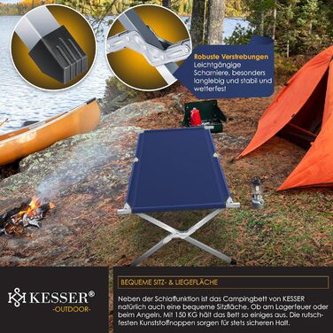 Ліжко туристичне розкладне KESSER® 210 см з сумкою, ліхтарем та кишенями, синій. Витримує 150 кг, сталевий каркас, 600D Oxford