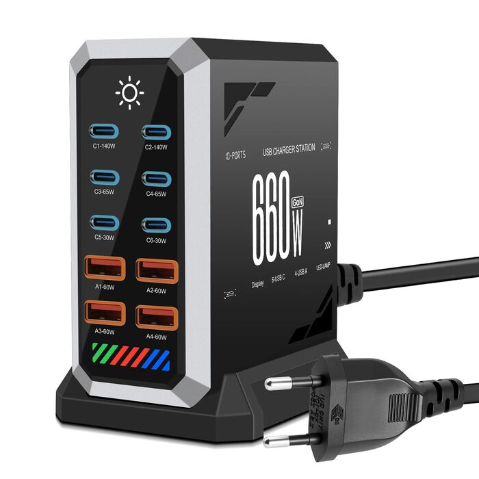 Зарядний пристрій USB 240W, 6 портів: 4xUSB + 2xUSB-A для MacBook Pro/Air, iPad, iPhone 15 Pro, Samsung (швидка зарядка)