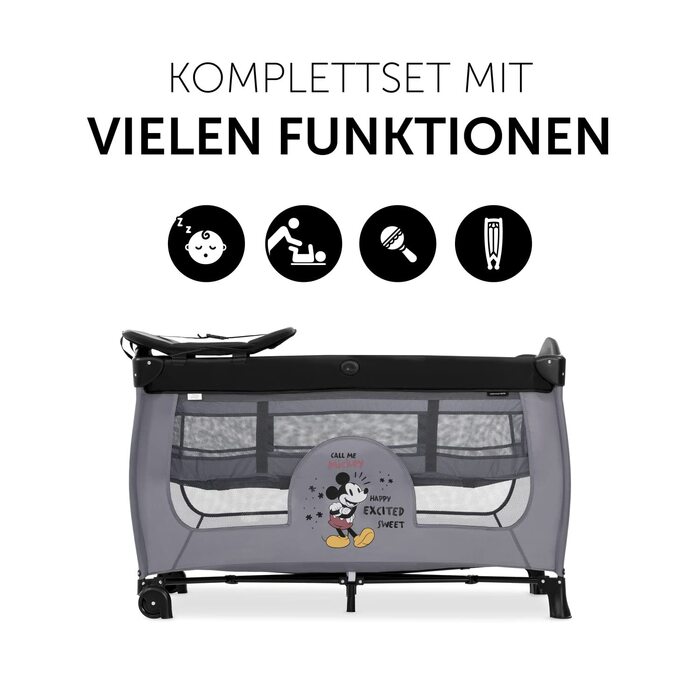 Hauck Travel Crib Sleep N Play Center with Newborn Nest, Changing Table, Carry Bag, Wheels, Crawl-Through Opening, Compact Folding, from Birth up to 15 kg (Disney Mickey Mouse Grey)