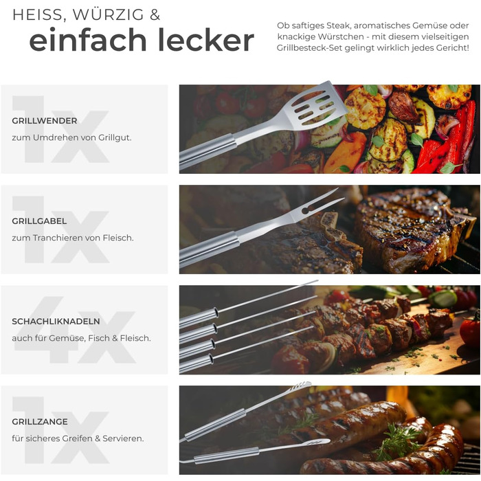 Набір гриля tectake® 18 предметів з нержавіючої сталі в алюмінієвому кейсі. Аксесуари для гриля, мангала, барбекю: для вугільного гриля, Smoker, шашлику, в саду, на кемпінгу. Ідеальний подарунок для чоловіків. В комплекті: виделка для м'яса.