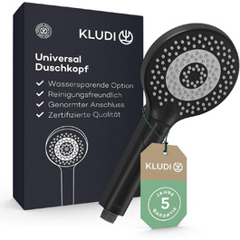 KLUDI-X3 Universal Shower Head with Hose, Shower Spray Optional - Water-Saving with 3 Spray Patterns (Body, Hair, Skin), Easy-to-Clean Shower Head Ø 11.7 cm, Shower Hose 1.60 m (3 Spray Patterns, Matte Black)