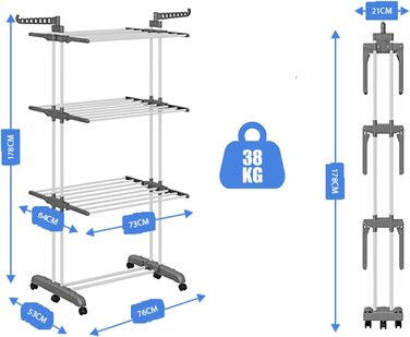 Сушарка для білизни тур-тип на коліщатках, сіра. Розкладна конструкція, 6 крил, 2 бічні крила, для дому та вулиці