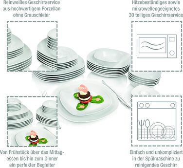 SÄNGER | Bilgola White Tableware Set, 30-Piece Porcelain Dinnerware Set for 6 People, Round Design Plate Set, Dinner Plates | PREMIUM COLLECTION Tableware Set 30 pcs