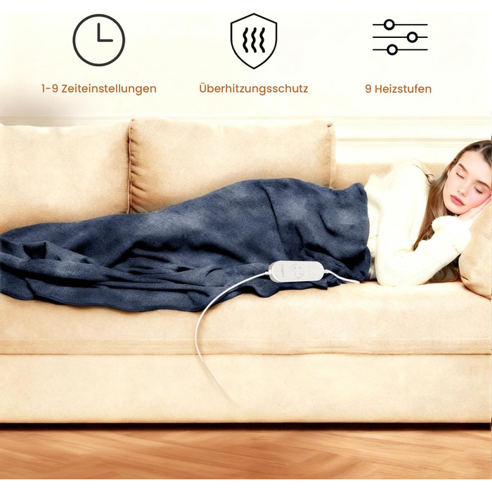 Електрична ковдра Celesta з автовимкненням, 9 режимів нагріву, таймер, для дивана, ліжка, офісу (Темно-синій, 200 x 180 см)