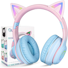 Дитячі навушники AXFEE з Bluetooth, Over-Ear з LED-підсвіткою, котячі вушка, рожево-блакитні, з мікрофоном та підтримкою Micro SD/TF для телефону/планшета/ПК