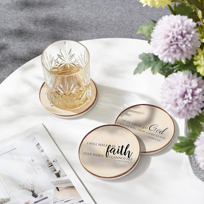 Hoomey Drink Coasters with Bible Verses, 6 Pack - Absorbent Drink Coasters with Holder, Ceramic Coasters with Cork Back for Table Protection, Christian Coasters, Christian