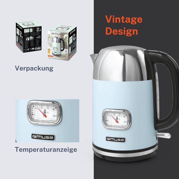 Електричний чайник зі нержавіючої сталі MUSE Retro з аналоговим термометром, фільтром, прозорою шкалою, об'ємом 1,7 л, автоматичним вимкненням, матовим золотим кольором (MS-030 BC), пастельно-блакитний колір