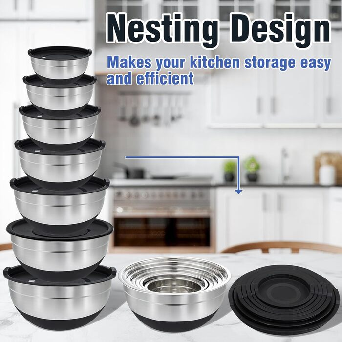 BEWOS 7-Piece Mixing Bowls with Lid, Stainless Steel Mixing Bowls with Grater, Nesting Design & Non-Slip Bottom Mixing Bowl, Sizes 4.5, 4, 3.5, 2.1, 1.5, 1.1, 0.7 Qt for Mixing & Serving