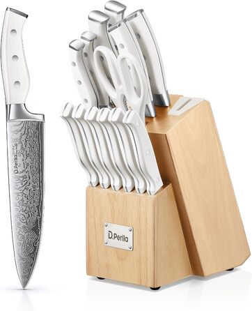 D.Perlla 14-Piece Self-Sharpening Knife Block Set - Professional Stainless Steel Kitchen Knife Set with Plastic Handle & Wood Block