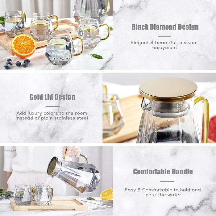 DUJUST Black Glass Carafe with Lid 2 Liter, Water Carafe in Modern Diamond Design, Glass Pitcher with Handle for Fruit Infusion, Durable Heat-Resistant Water Pitcher for Iced Tea/Milk/Coffee