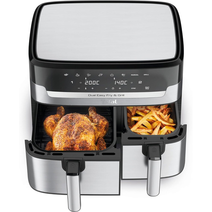 Tefal EY905D Easy Fry & Grill Dual Air Fryer 8.3 L 2700W Grilling Function, Black, Metallic