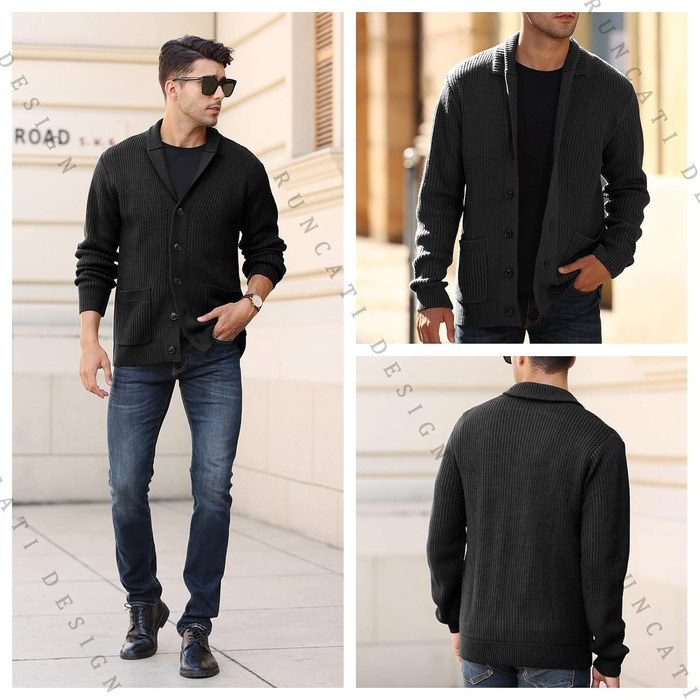 Чоловічий кардиган Runcati з грубого в'язання, великий розмір XL, з коміром-шарфом, на ґудзиках, стильний, чорний