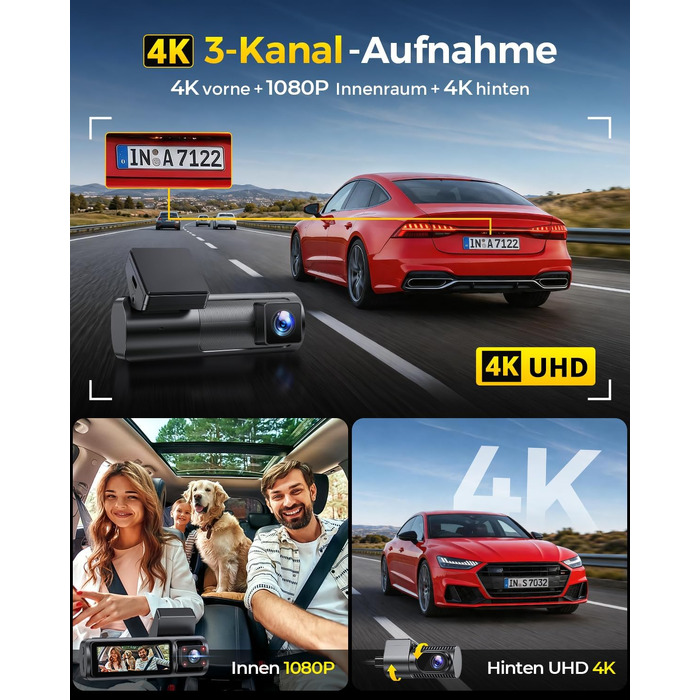 3-канальний автомобільний відеореєстратор GKU C300 4K+1080P+4K, передня, салонна та задня камери, 5.8G WiFi, чорний