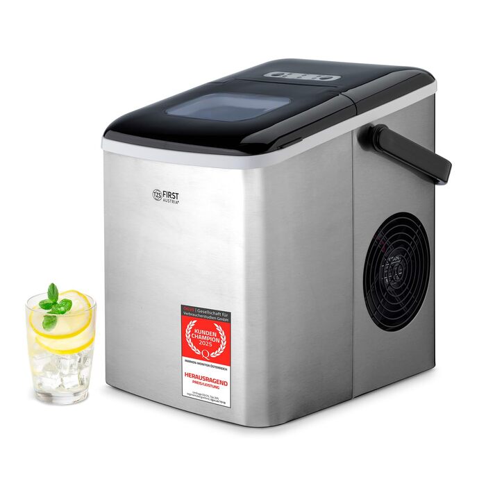Льодогенератор First Austria 1.8л, 150W з компресором: 12 кг/24год, швидке виробництво (7-9 хв), кубики S/L, мобільний, сірий/чорний
