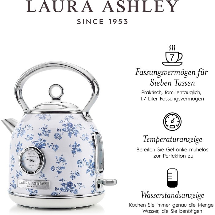 Laura Ashley Elveden Wireless Electric Kettle - 1.7L Stainless Steel, 2.2kW Fast Boil, Temperature Display & Overheat Protection
