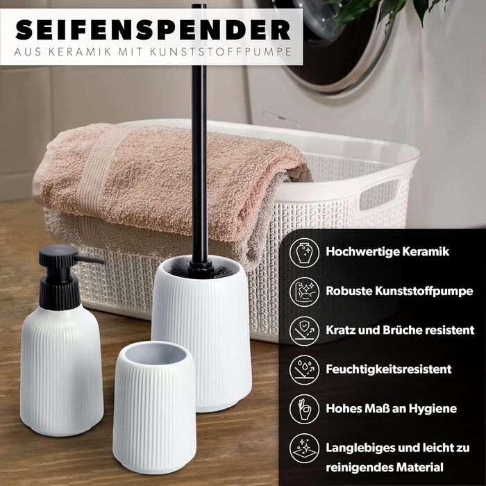 KADAX Bathroom Accessories Set, Modern Bathroom Accessories, Ceramic Bathroom Accessories, Bathroom Accessories (White: Toothbrush Holder, Soap Dispenser, Toilet Brush)