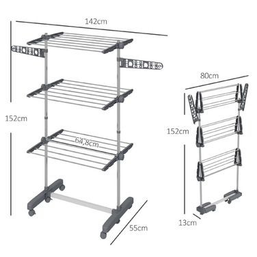 HOMCOM Clothes Dryer Tower Clothes Rack with Wheels, 3 Levels, Foldable Standing Dryer with Side Wings, Clothes Tower, Steel, Grey | Aosom