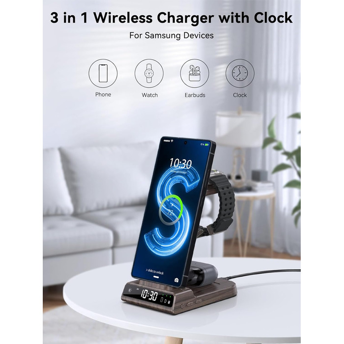 Бездротовий зарядний пристрій 3-в-1 для Samsung Galaxy S25 Ultra, Watch 8/7/Ultra, Buds, з цифровим годинником (дерев'яна текстура)