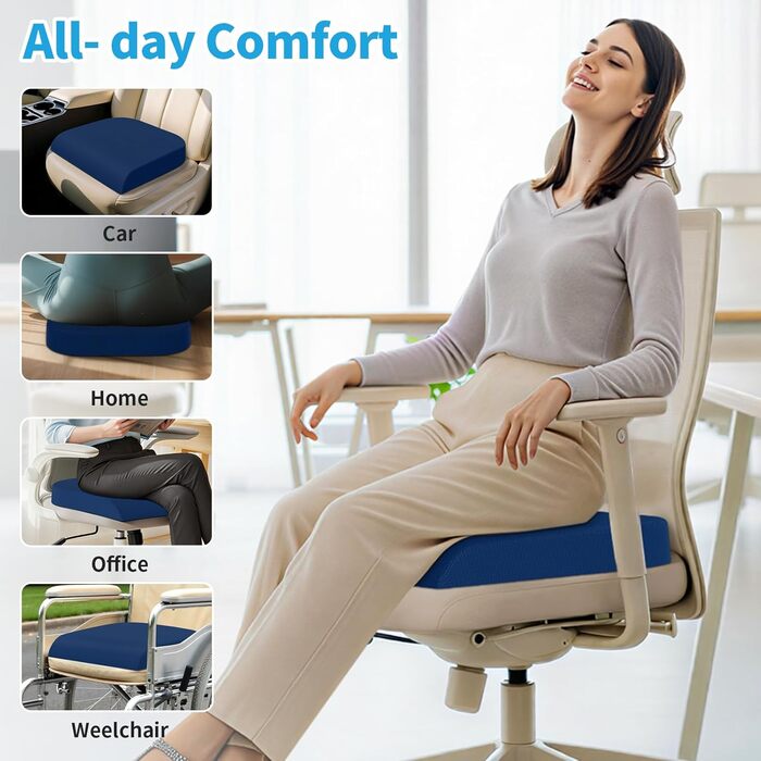 Подушка для сидіння TranquilRelax з Memory Foam (блакитна) для офісного крісла, дому та авто. Зняття болю в спині, куприку, сідницях та при ішіасі. Large