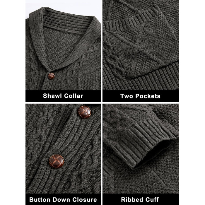 Чоловічий в'язаний жакет Comdecevis з коміром-шарфом, рельєфним в'язанням, ґудзиками, довгими рукавами, кишенями, темно-сірий (3XL)