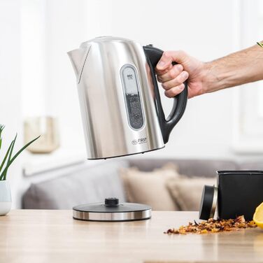 Електричний чайник First Austria Edelstahl 2200W, 1.7L, регулювання температури 60-100°C, підтримання тепла, фільтр від накипу, прихований нагрівальний елемент, LED-підсвічування