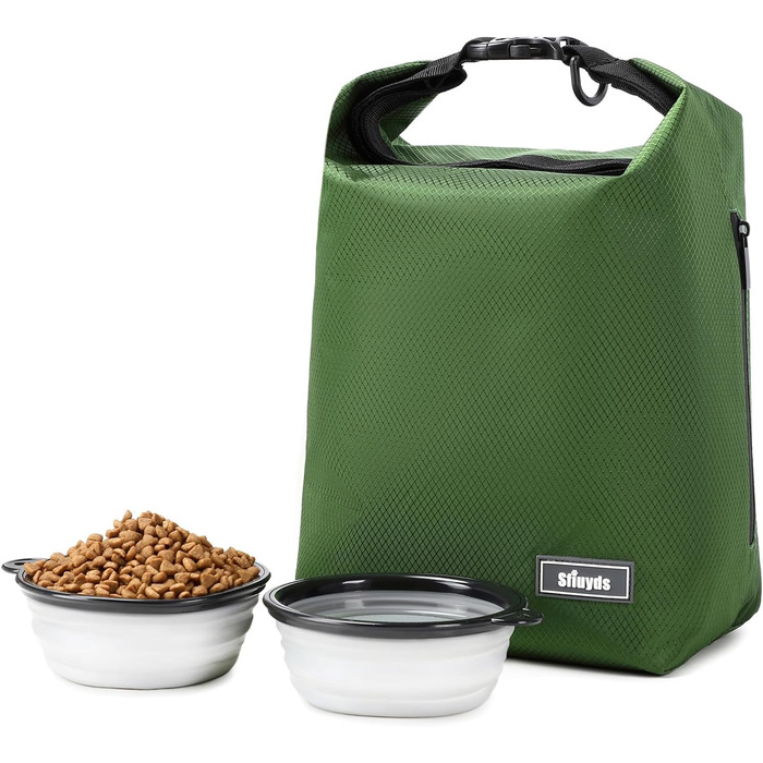 Набір для годування собак: сумка-органайзер з 2 склавними мисками та контейнером для корму (зелений, маленький)