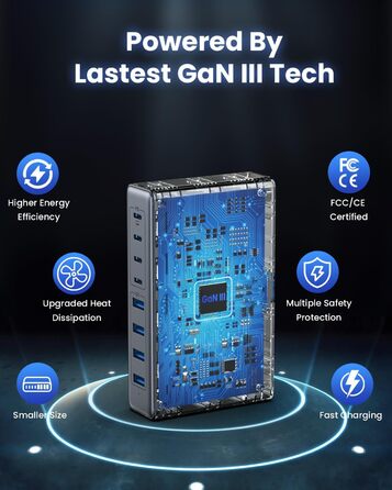 Мережевий адаптер USB-C 200W 8-в-1 GaN III з QC4.0, PPS, PD 65W для MacBook Pro/Air, iPad, iPhone, Samsung, Steam Deck, чорний