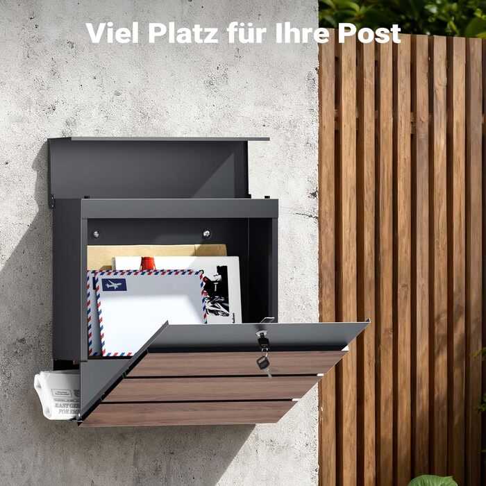 Поштова скринька настінна V63 Anthrazit з дерев'яним декором, сталь, з замком та м'якою кришкою, 410x130x370 мм