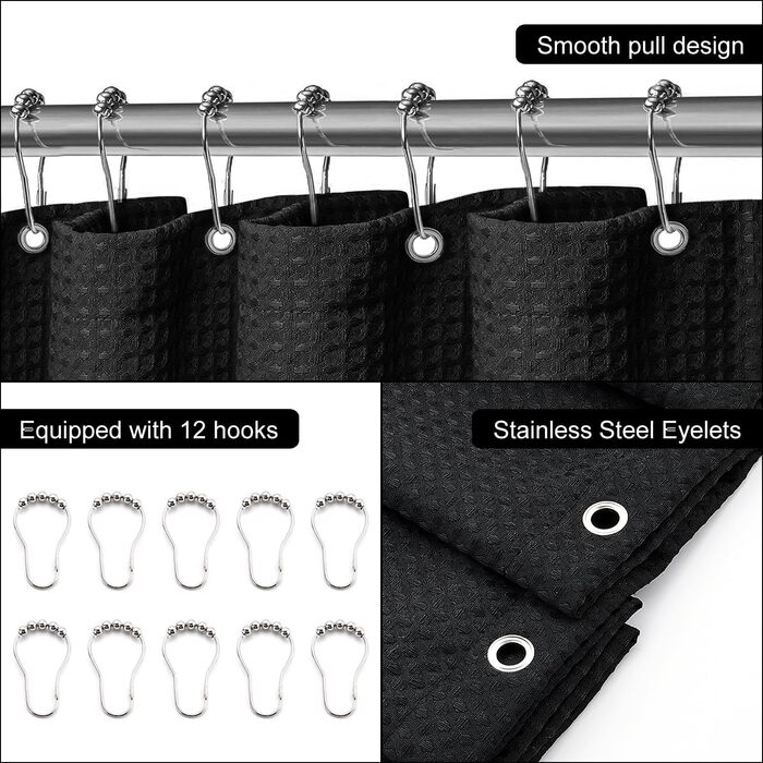Шторка для душу Waffel 183x198 см - текстильна, поліестер, з магнітною стрічкою та 12 кільцями, непрозора та водонепроникна для ванної кімнати (Чорний, 183x198 см)