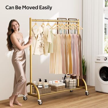 Міцний вішак для одягу на коліщатках MISSLO для спальні, металевий, золотий - мобільна вішалка для одягу, пальто