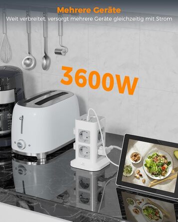 Багатофункціональна мережа TESSAN з 8 розеток, USB-C, захистом від перенапруги, вимикачем, 2 м кабелем, 3600W (сірий/білий)