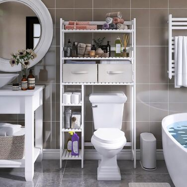 SMIBUY Over The Toilet Storage, 6-Tier Bamboo Bathroom Shelf with Drawers, Freestanding Over the Toilet Organizer Rack, Ample Storage, Space Saver for Small Spaces (Natural) (White)