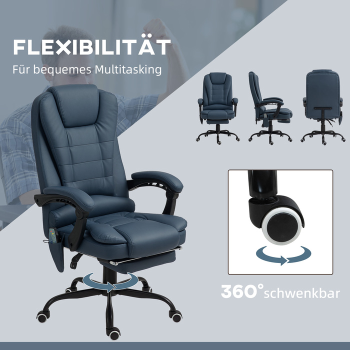 Vinsetto Massage Office Chair with 7 Vibration Points, Adjustable Footrest & Backrest, Up to 120 kg (265 lbs), Faux Leather, Blue