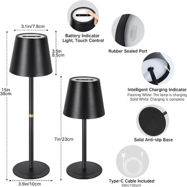 OUTON LED Настільна лампа 2 шт. Бездротова з зарядкою, сенсорне керування, 3 режими, IP54, 30 годин роботи, для дому та відпочинку, чорна