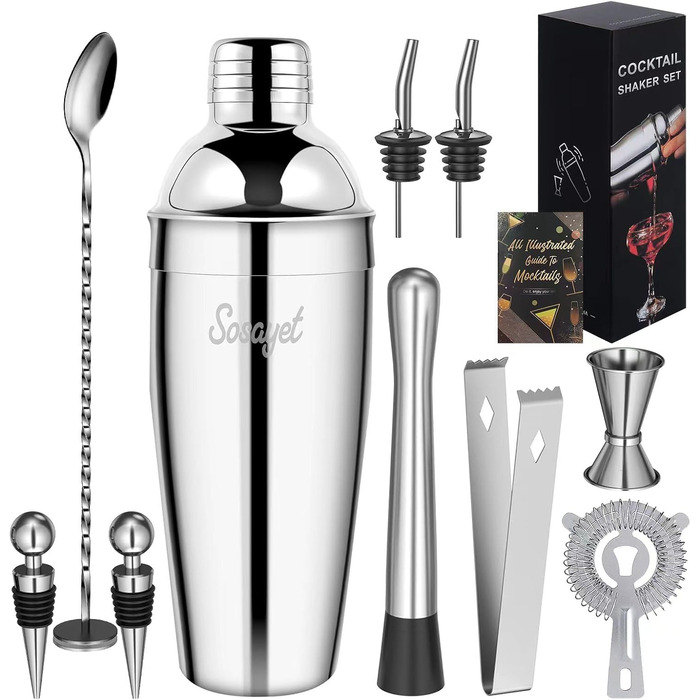 Набір для коктейлів Sosayet, 10 предметів, з нержавіючої сталі, аксесуари та рецепти, 750 мл, для барменів-початківців та професіоналів - подарунок для чоловіків