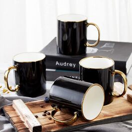 DUJUST Black Coffee Cup Set of 4 (470ml), modern and stylish design with handcrafted gold trim, black and gold cup for coffee, beautiful and elegant top-grade porcelain mugs