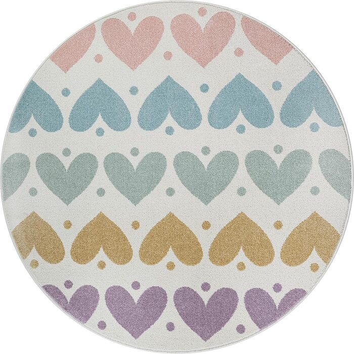 Дитячий килим Beat Kids сучасної колекції, м'який, круглої форми (120 см), колір кремовий з кольоровими серцями, стійкий до вицвітання та легкий у догляді