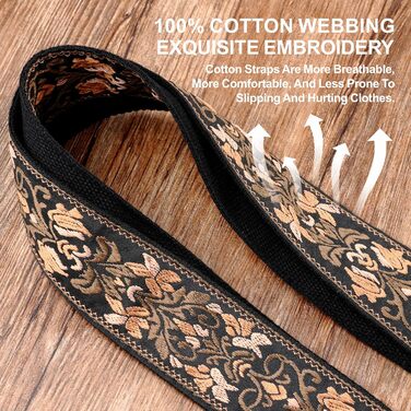 Гітарний ремінь Nefelibata Banjo-Gurt, 5,1 см, повна шкіра з нубуку, вишивка золотими квітами