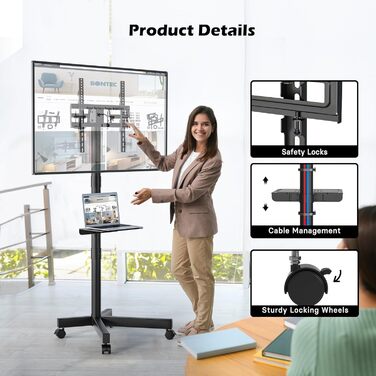 BONTEC Mobile TV Stand with Tilt and Height Adjustment - Rolling TV Mount for 23-60 inch LED, LCD, OLED TVs (Up to 25kg)