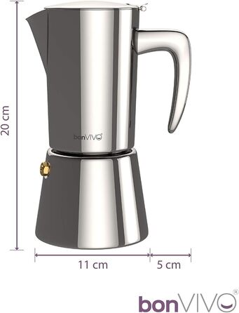 bonVIVO Induction Espresso Maker - Stainless Steel Coffee Maker with -Finish, Water Kettle & Filter - Moka Pot - Christmas Gifts for the Household (Chrome, 6 Cups - 300 ml)