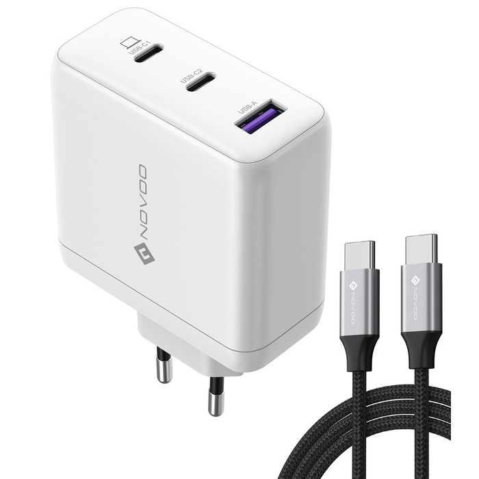 Зарядний пристрій USB-C 120W NOVOO GaN III 3-порти, кабель USB-C PD 100W для MacBook Pro 14