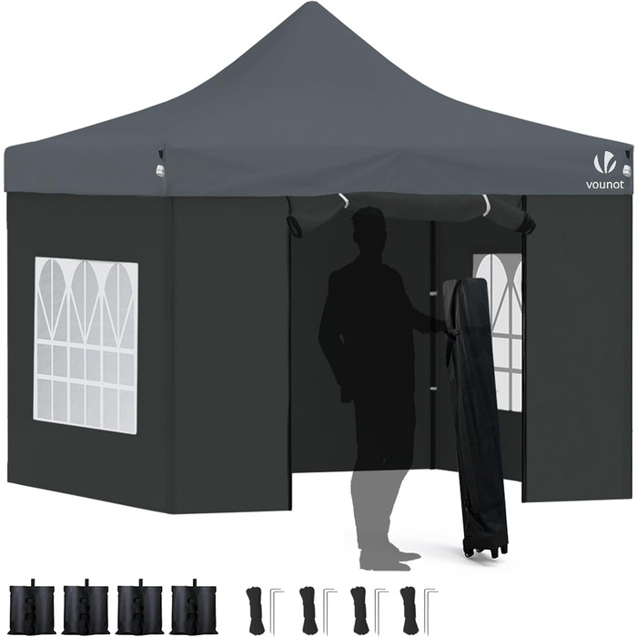 VOUNOT Gazebo 3x3m Waterproof, Stable, Winter-Proof, Pop-Up Folding Gazebo with 4 Side Walls and 4 Sandbags, Party Gazebo, Folding Garden Tent, Party Tent, (Grey)