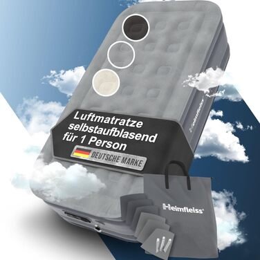 Надувний матрац Heimfleiss® для 1 особи | Преміум самонадувний матрац 100x200 см | Швидко надувний матрац для гостей та подорожей | Самостійно надувний кемпінговий матрац + насос сірого кольору