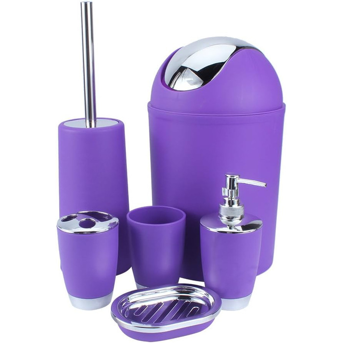 Bathroom and Toilet Set, 6-Piece Bathroom Accessory Set, with Cup, Toothbrush Holder, Soup Holder, Hand Sanitizer Bottle, Trash Can, Toilet Brush (Purple)