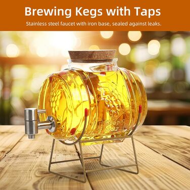 Barrel-shaped drink dispenser, 3L/5L glass water dispenser with stand, barrel decanter with tap, alcohol dispenser ideal for wine, whiskey, beer, juices, lemonade, gifts for friend, husband, father (5L, glass barrel)