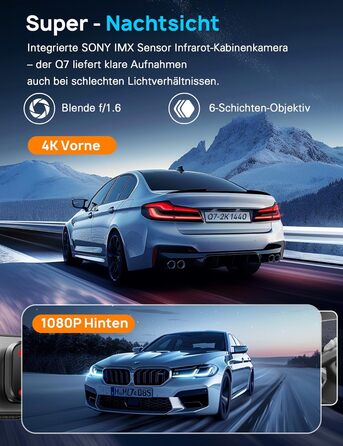Автомобільний відеореєстратор Navycrest 4K + 1080P (передній та задній), 5GHz WiFi, 64GB SD карта, нічна зйомка, WDR, G-сенсор, паркування 24/7, циклічний запис, керування через додаток