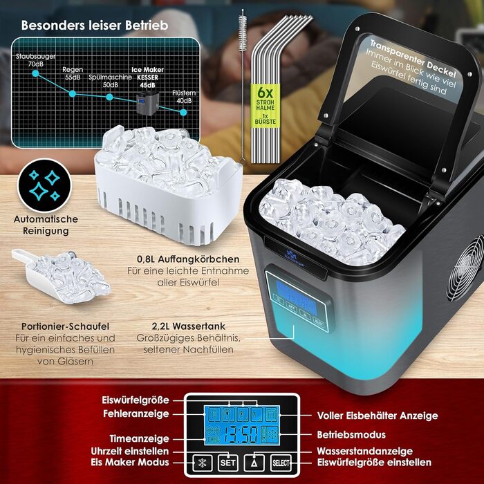 Машина для приготування льоду KESSER® з нержавіючої сталі, 150W, 12 кг/24 год, 3 розміри кубиків, 2.2 л резервуар, таймер, LCD-дисплей, аксесуари, чорний/антрацит