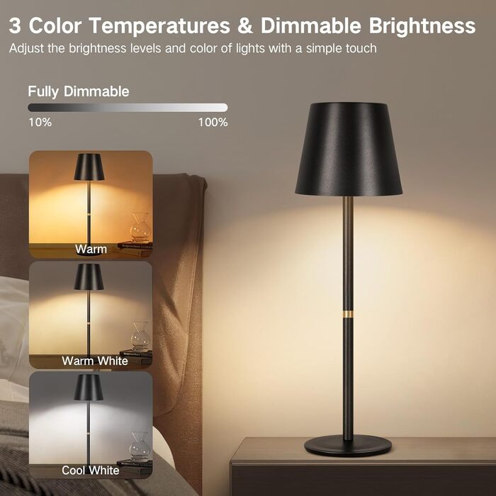 OUTON LED Настільна лампа 2 шт. Бездротова з зарядкою, сенсорне керування, 3 режими, IP54, 30 годин роботи, для дому та відпочинку, чорна