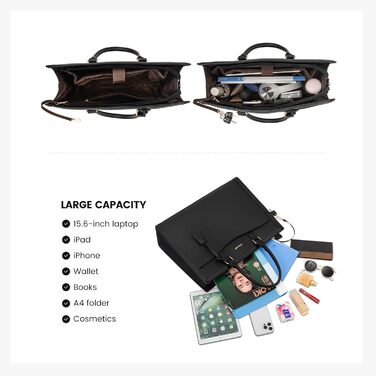 LOVEVOOK 17-Inch Laptop Bag Black Handbag Women's Large Shopper Leather Tote Bag Work Bag Shoulder Bags Briefcase College Teacher Bag Shoulder for Business School